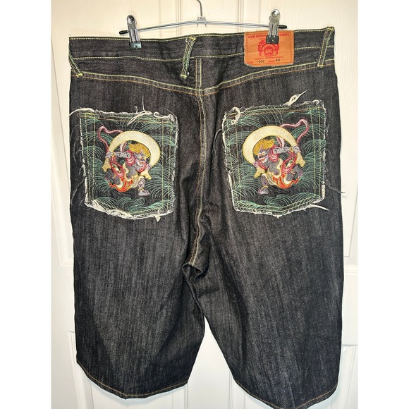 Red Monkey Company RMC Raijin‎ Thunder God Embroidered Raw Denim Shorts Size 40